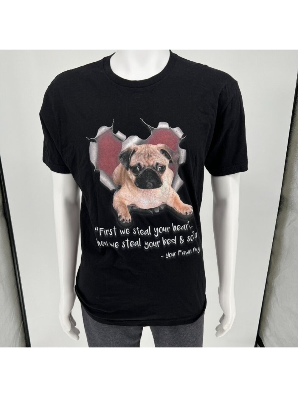 2010s Your Fawn Pug "First we steal your heart..." Black Graphic T-Shirt (Large)